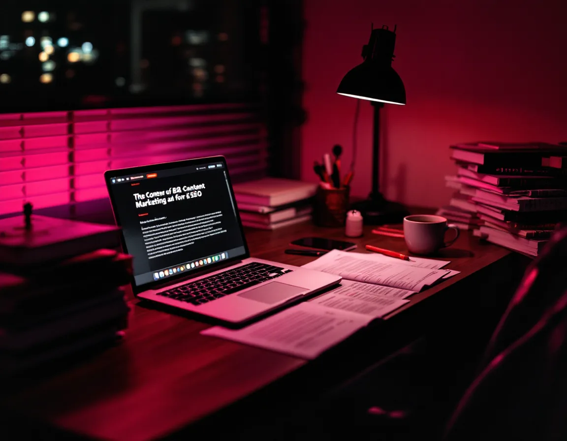 A cluttered desk late at night — notebooks, a laptop, and marked-up printouts lit in blush and aubergine