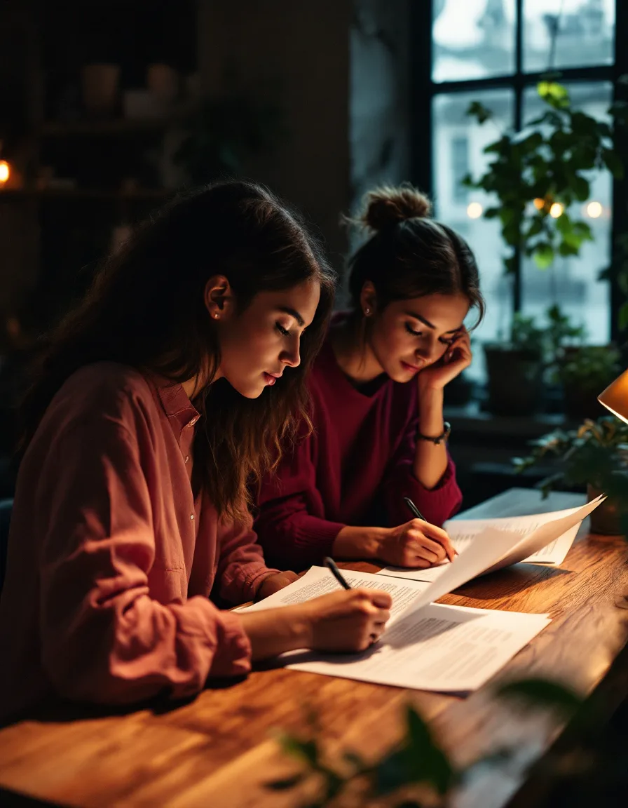Two writers at a shared table reviewing printed drafts together in warm lamplight